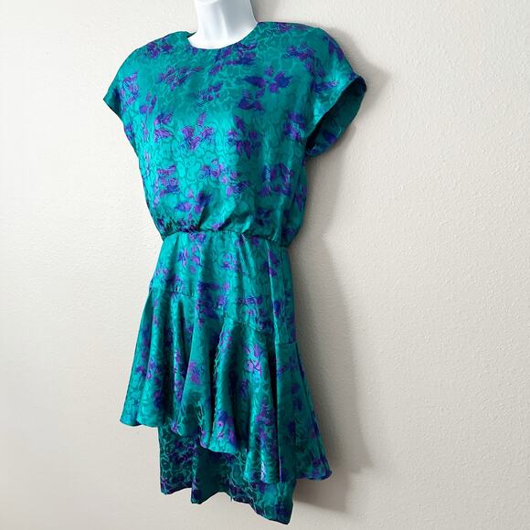 Vintage Lillie Rubin 100% Silk Satin Teal Purple‎ 80s Dress Women’s Size 4 - Picture 4 of 13